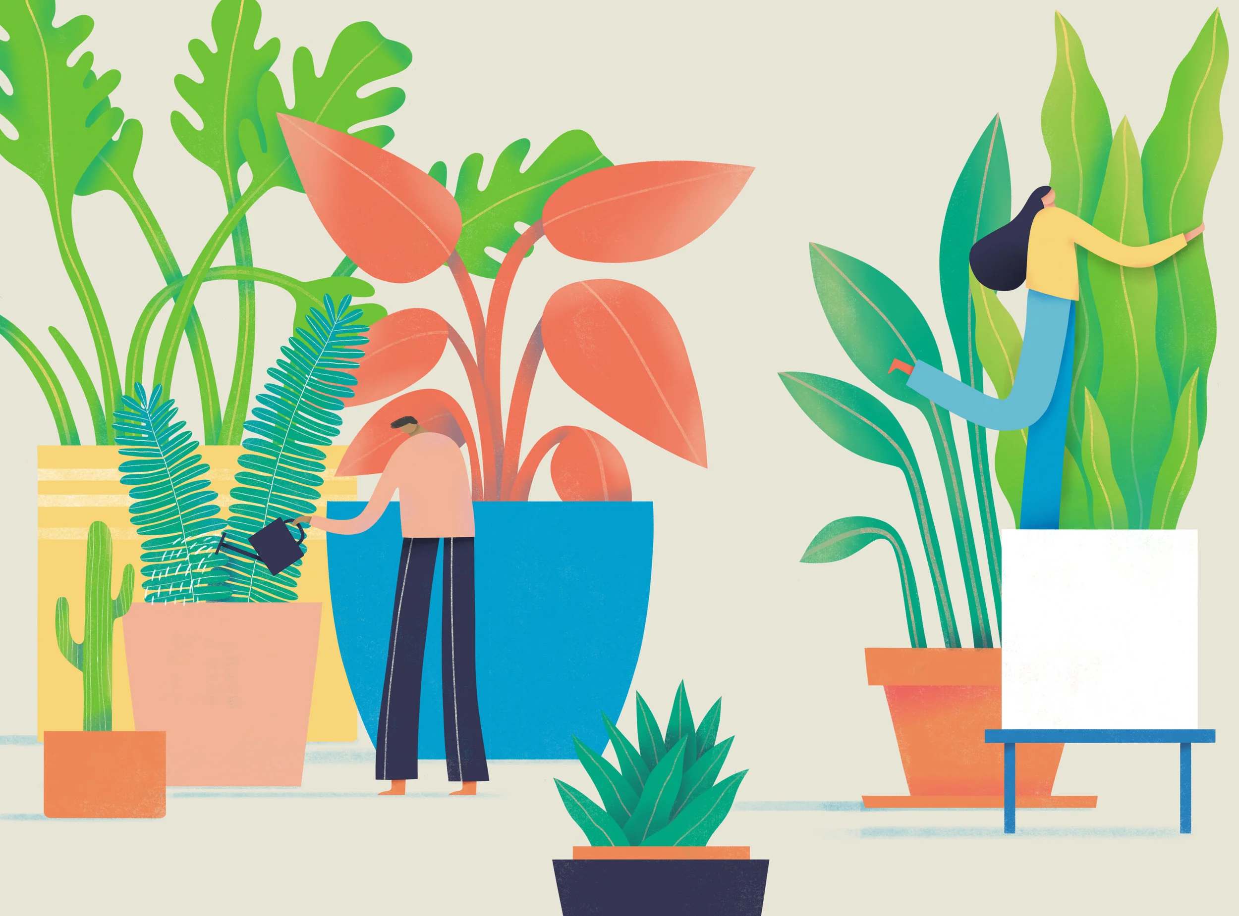 Illustration of people tending an indoor jungle
